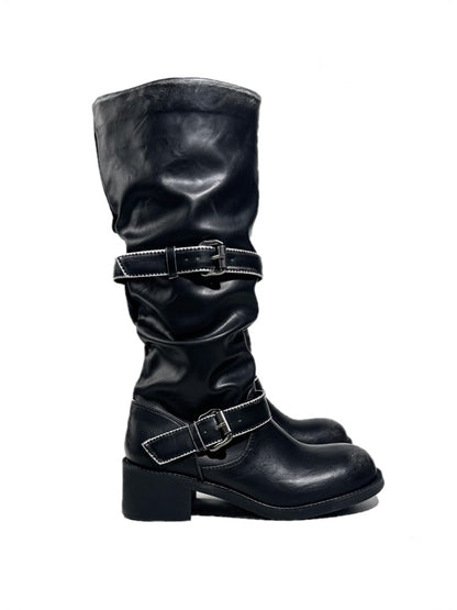 Leather Belt Buckles Long Tall Round-Toe Knight Boots【s0000017954】