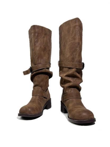 Leather Belt Buckles Long Tall Round-Toe Knight Boots【s0000017954】