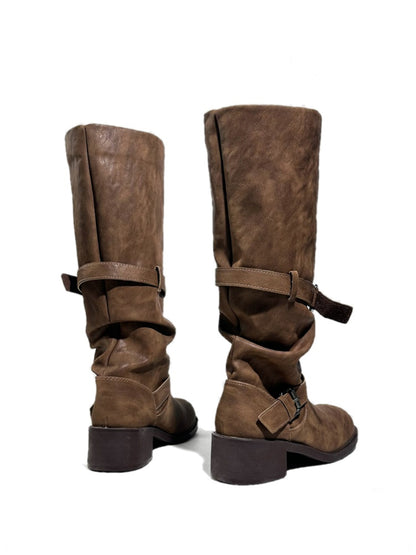 Leather Belt Buckles Long Tall Round-Toe Knight Boots【s0000017954】