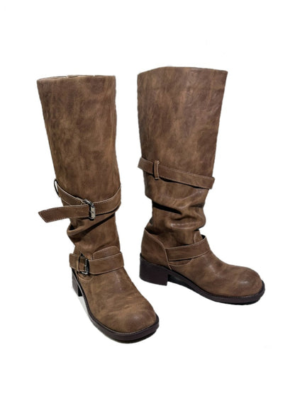 Leather Belt Buckles Long Tall Round-Toe Knight Boots【s0000017954】