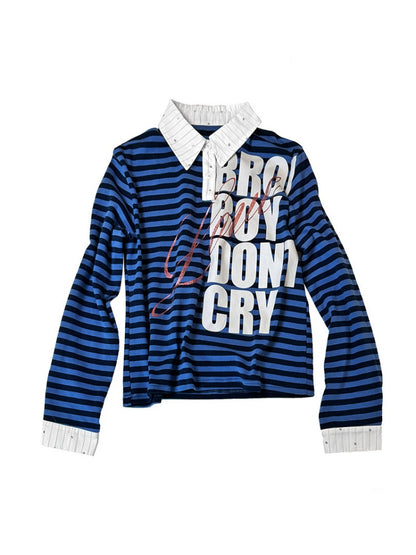 Black&Blue Stripe Sparkle Print Rhinestone Fake 2-Piece Long-Sleeve Shirt【s0000017956】