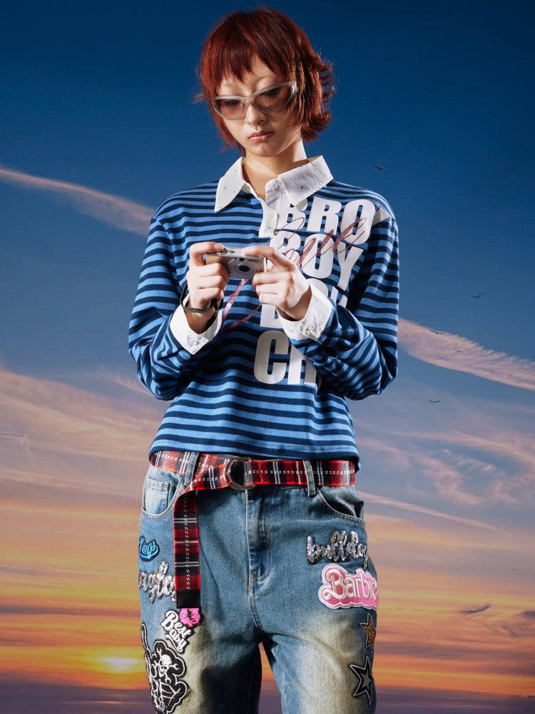 Black&Blue Stripe Sparkle Print Rhinestone Fake 2-Piece Long-Sleeve Shirt【s0000017956】