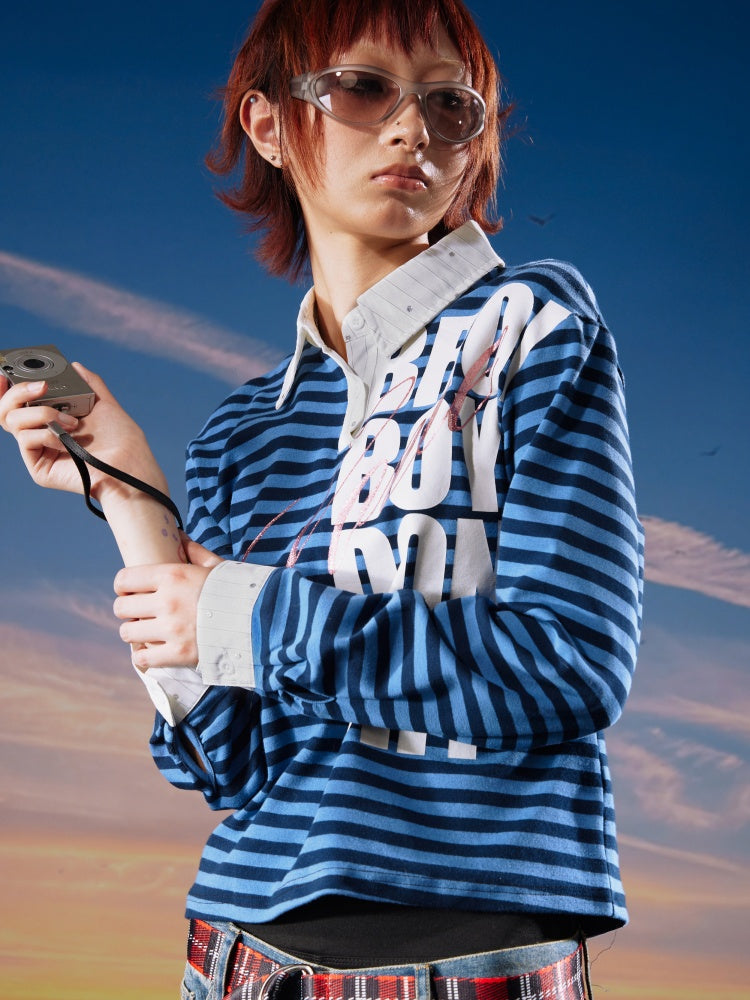 Black&Blue Stripe Sparkle Print Rhinestone Fake 2-Piece Long-Sleeve Shirt【s0000017956】