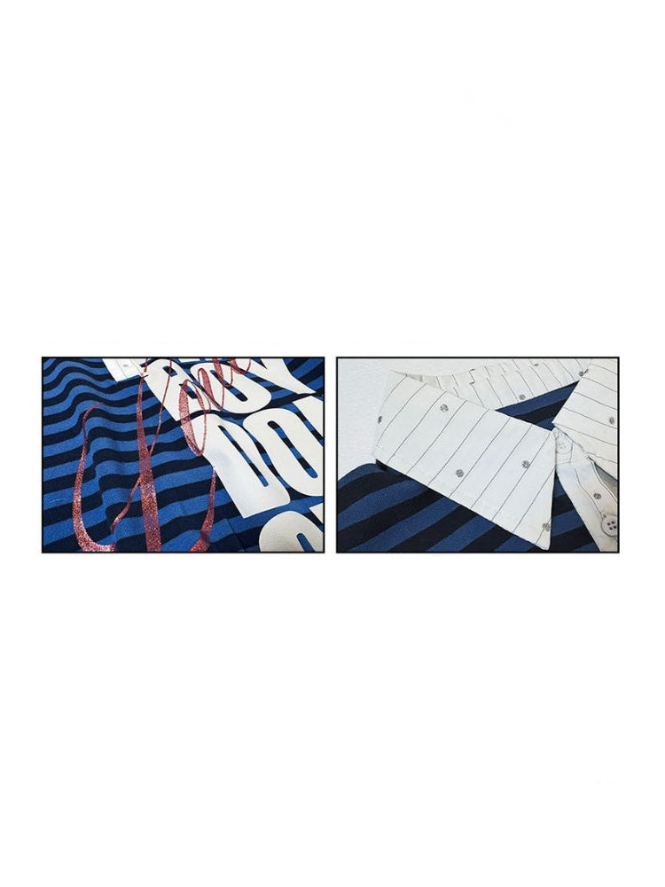 Black&Blue Stripe Sparkle Print Rhinestone Fake 2-Piece Long-Sleeve Shirt【s0000017956】