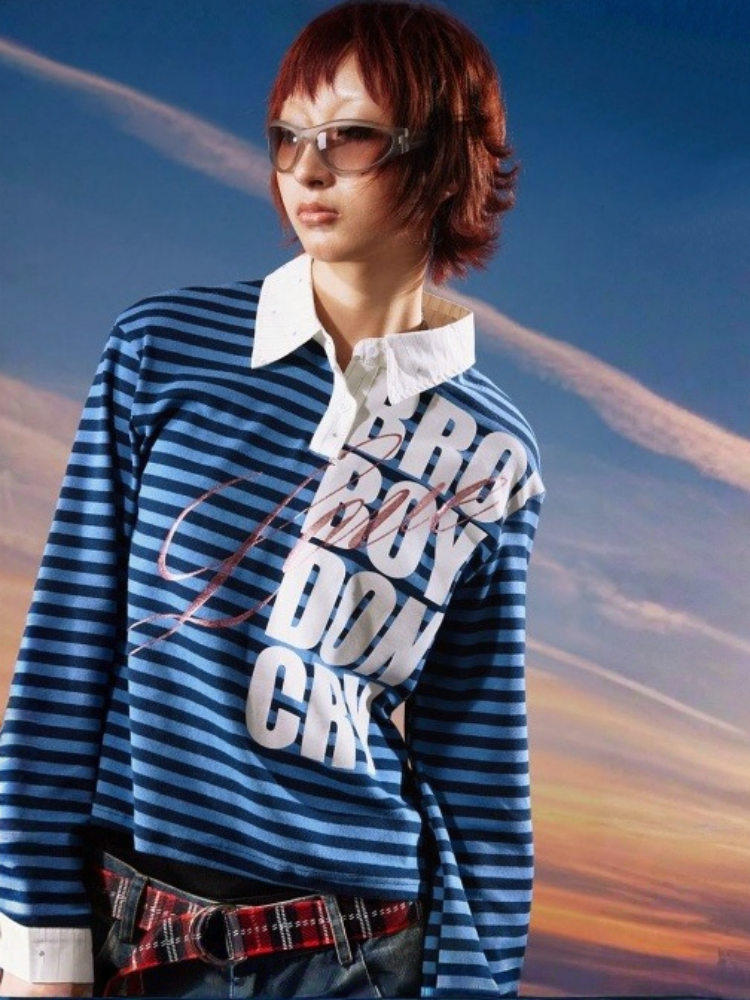 Black&Blue Stripe Sparkle Print Rhinestone Fake 2-Piece Long-Sleeve Shirt【s0000017956】