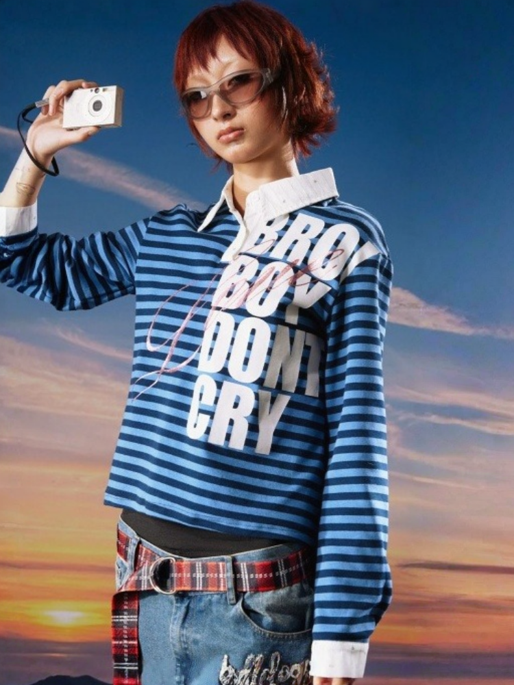 Black&Blue Stripe Sparkle Print Rhinestone Fake 2-Piece Long-Sleeve Shirt【s0000017956】