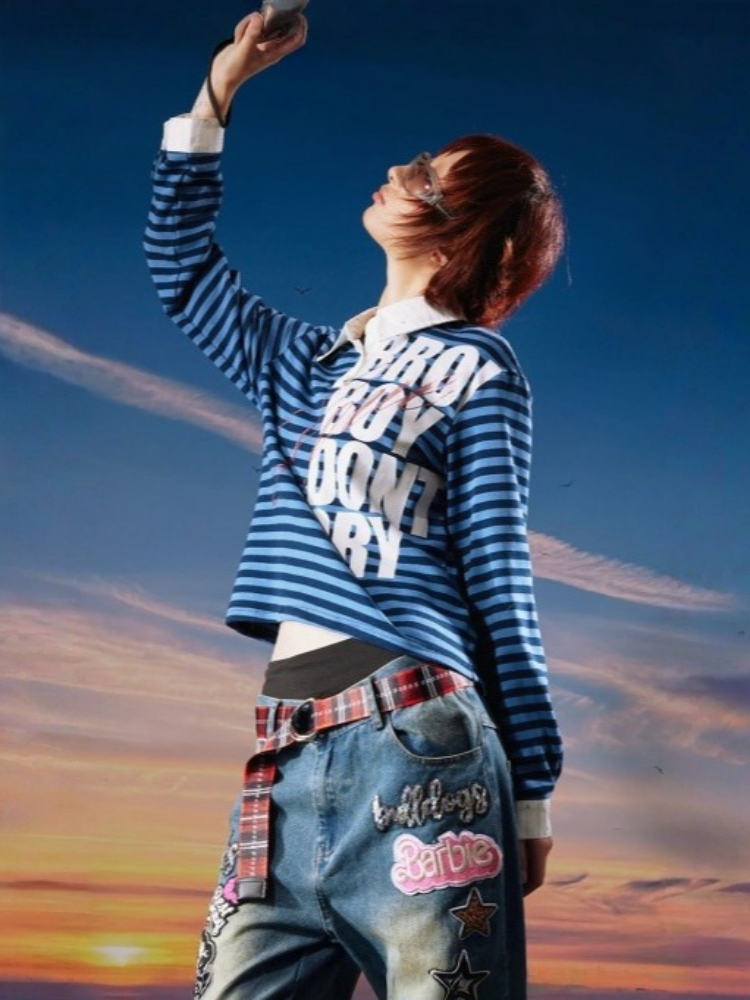 Black&Blue Stripe Sparkle Print Rhinestone Fake 2-Piece Long-Sleeve Shirt【s0000017956】