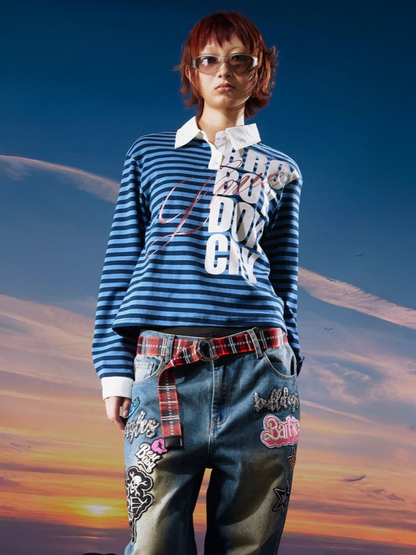 Black&Blue Stripe Sparkle Print Rhinestone Fake 2-Piece Long-Sleeve Shirt【s0000017956】
