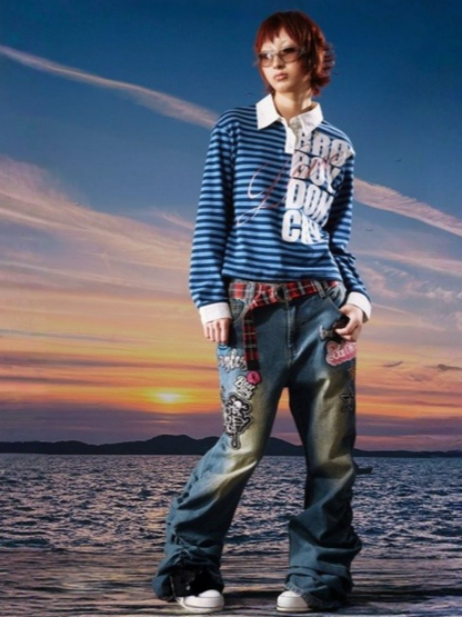 Black&Blue Stripe Sparkle Print Rhinestone Fake 2-Piece Long-Sleeve Shirt【s0000017956】