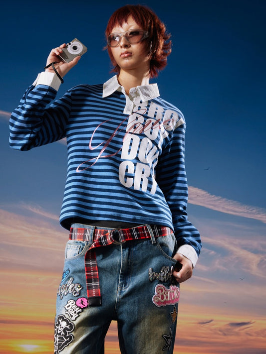 Black&Blue Stripe Sparkle Print Rhinestone Fake 2-Piece Long-Sleeve Shirt【s0000017956】