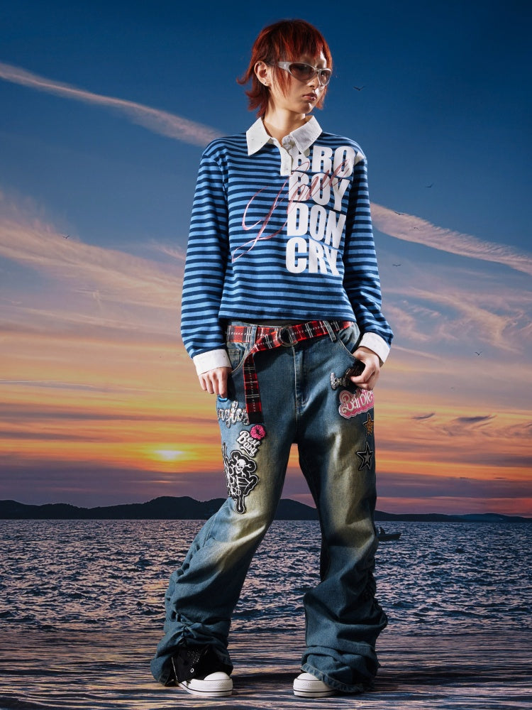 Black&Blue Stripe Sparkle Print Rhinestone Fake 2-Piece Long-Sleeve Shirt【s0000017956】
