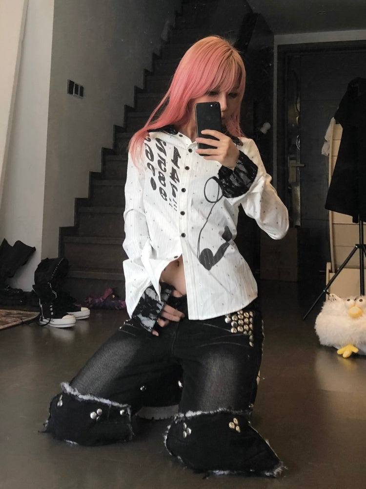 Vintage Phone Print Sparkle Polka Dot Stripe Rhinestone Lace Shirt【s0000017957】