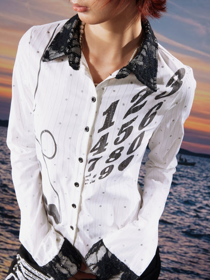 Vintage Phone Print Sparkle Polka Dot Stripe Rhinestone Lace Shirt【s0000017957】