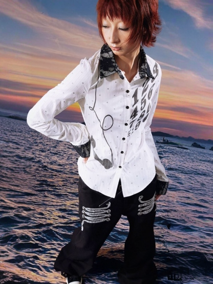 Vintage Phone Print Sparkle Polka Dot Stripe Rhinestone Lace Shirt【s0000017957】