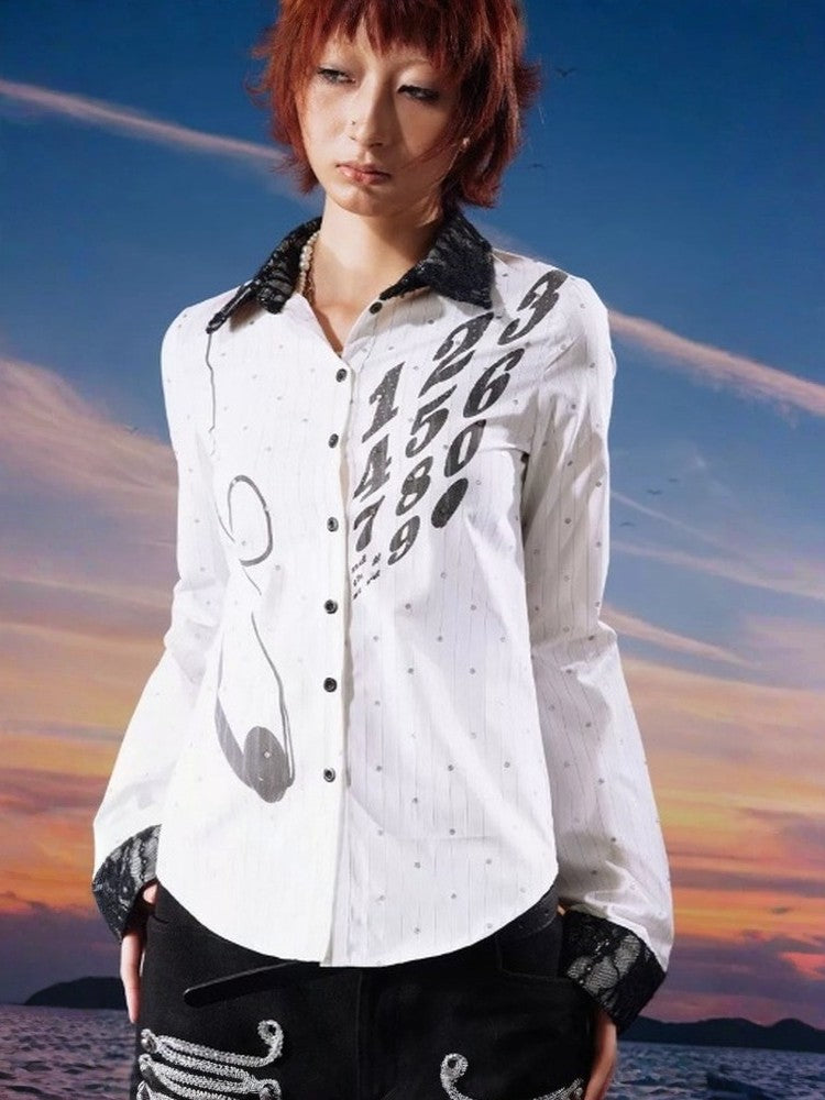 Vintage Phone Print Sparkle Polka Dot Stripe Rhinestone Lace Shirt【s0000017957】