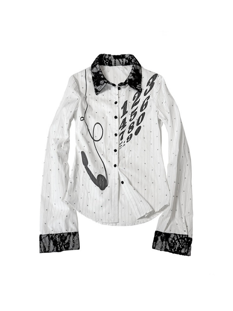 Vintage Phone Print Sparkle Polka Dot Stripe Rhinestone Lace Shirt【s0000017957】