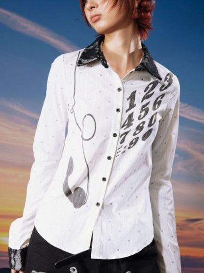 Vintage Phone Print Sparkle Polka Dot Stripe Rhinestone Lace Shirt【s0000017957】