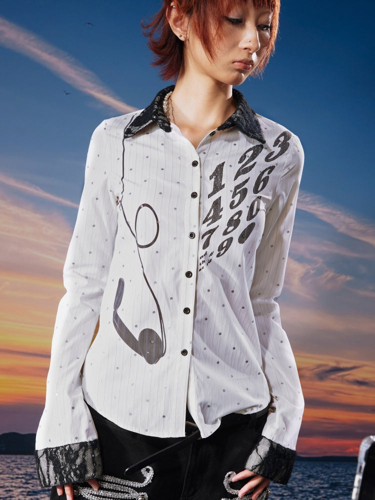Vintage Phone Print Sparkle Polka Dot Stripe Rhinestone Lace Shirt【s0000017957】