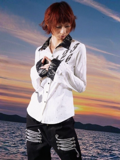 Vintage Phone Print Sparkle Polka Dot Stripe Rhinestone Lace Shirt【s0000017957】