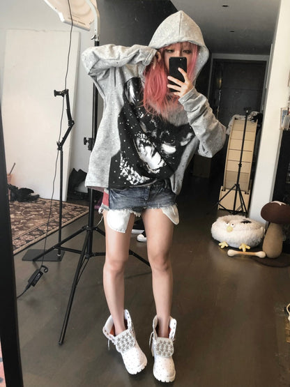 Vintage Kitten Print Star Sparkle Rhinestone Polka Dot Long Sleeve Hoodie【s0000017958】