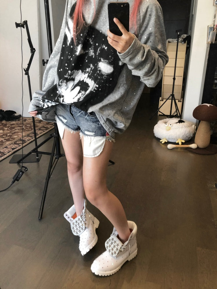 Vintage Kitten Print Star Sparkle Rhinestone Polka Dot Long Sleeve Hoodie【s0000017958】