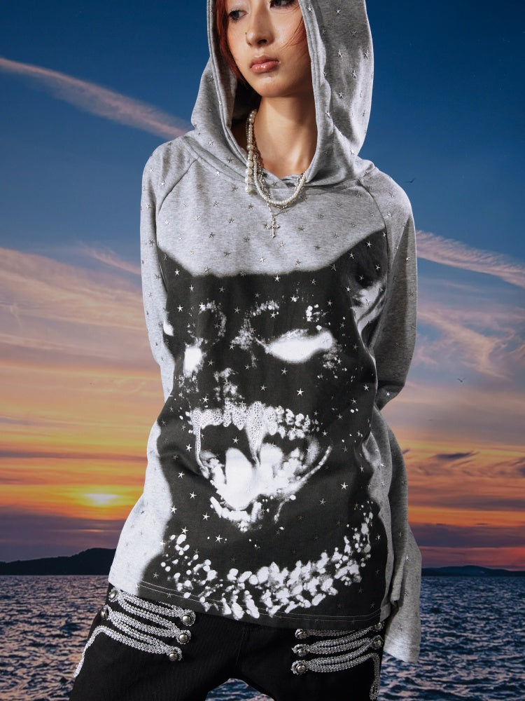 Vintage Kitten Print Star Sparkle Rhinestone Polka Dot Long Sleeve Hoodie【s0000017958】