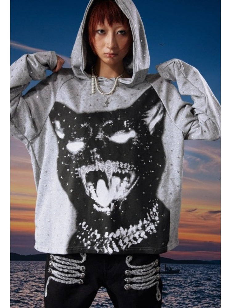 Vintage Kitten Print Star Sparkle Rhinestone Polka Dot Long Sleeve Hoodie【s0000017958】