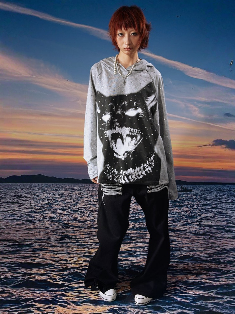 Vintage Kitten Print Star Sparkle Rhinestone Polka Dot Long Sleeve Hoodie【s0000017958】