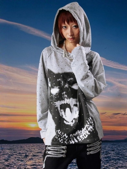 Vintage Kitten Print Star Sparkle Rhinestone Polka Dot Long Sleeve Hoodie【s0000017958】