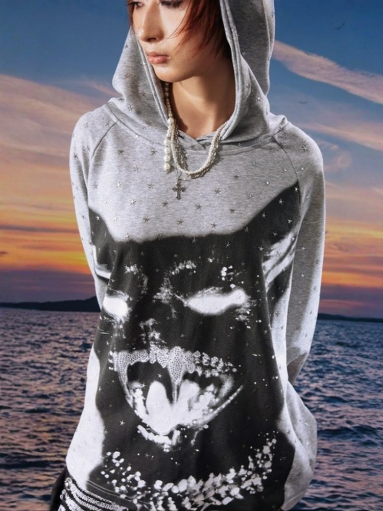 Vintage Kitten Print Star Sparkle Rhinestone Polka Dot Long Sleeve Hoodie【s0000017958】