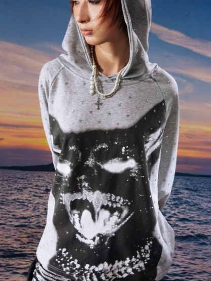 Vintage Kitten Print Star Sparkle Rhinestone Polka Dot Long Sleeve Hoodie【s0000017958】