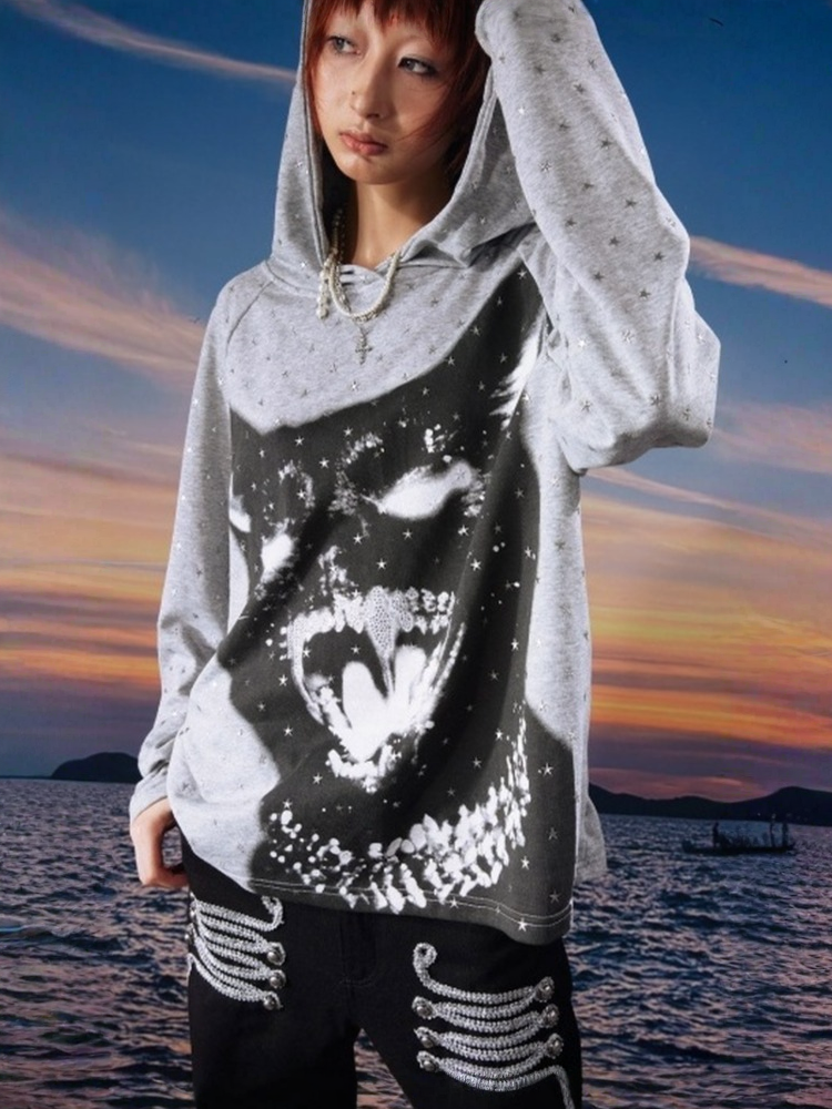 Vintage Kitten Print Star Sparkle Rhinestone Polka Dot Long Sleeve Hoodie【s0000017958】
