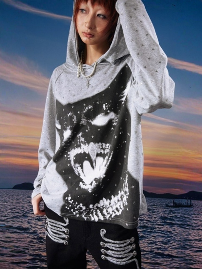 Vintage Kitten Print Star Sparkle Rhinestone Polka Dot Long Sleeve Hoodie【s0000017958】