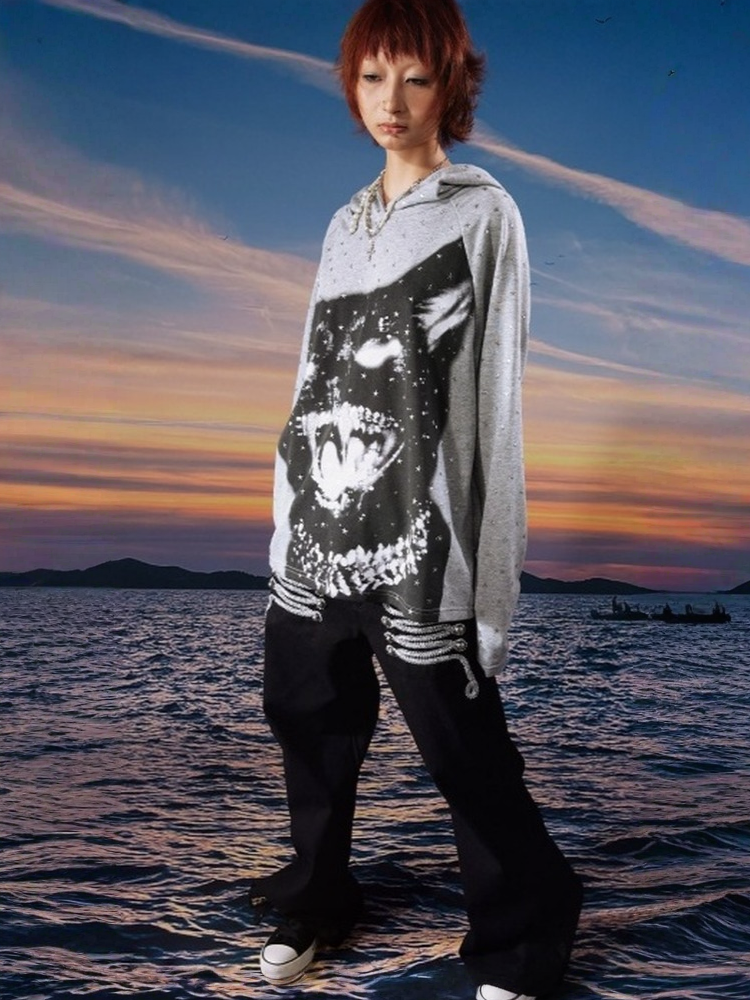 Vintage Kitten Print Star Sparkle Rhinestone Polka Dot Long Sleeve Hoodie【s0000017958】