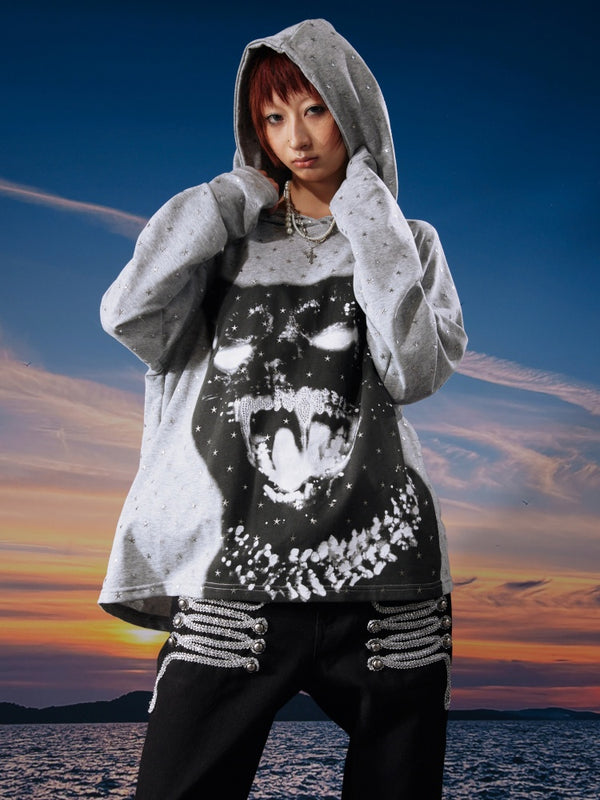 Vintage Kitten Print Star Sparkle Rhinestone Polka Dot Long Sleeve Hoodie【s0000017958】