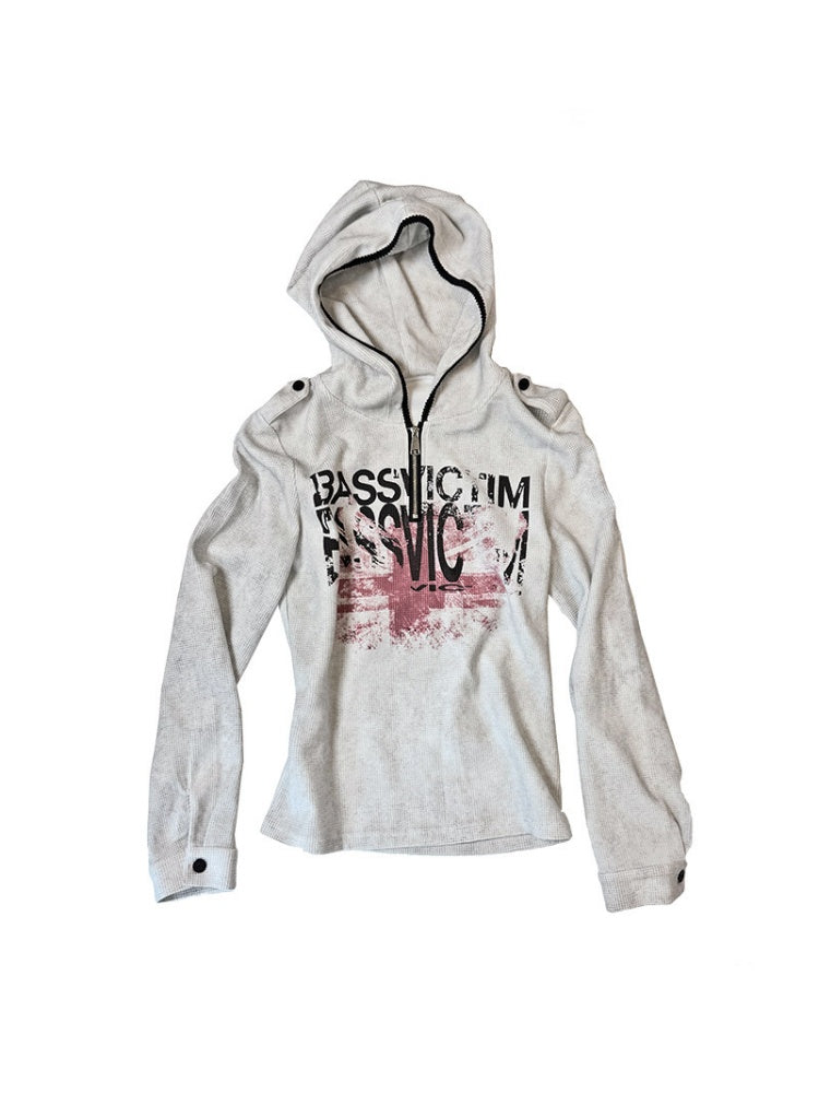Bassvictim Waffle Lace Distressed Band Flag Print Long-Sleeve Hoodie【s0000017959】