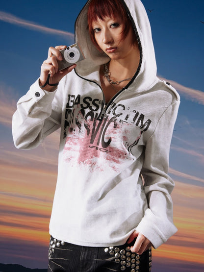 Bassvictim Waffle Lace Distressed Band Flag Print Long-Sleeve Hoodie【s0000017959】