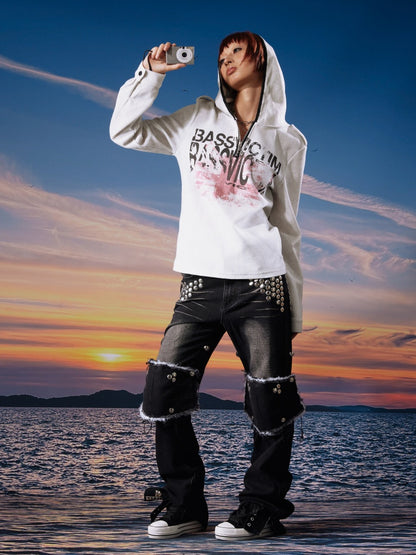 Bassvictim Waffle Lace Distressed Band Flag Print Long-Sleeve Hoodie【s0000017959】