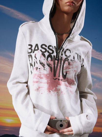 Bassvictim Waffle Lace Distressed Band Flag Print Long-Sleeve Hoodie【s0000017959】