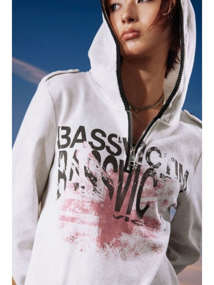 Bassvictim Waffle Lace Distressed Band Flag Print Long-Sleeve Hoodie【s0000017959】
