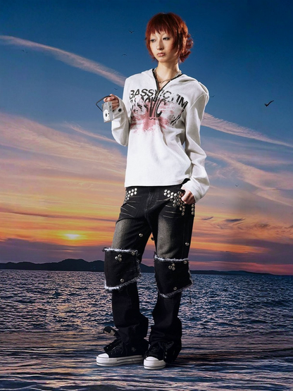 Bassvictim Waffle Lace Distressed Band Flag Print Long-Sleeve Hoodie【s0000017959】