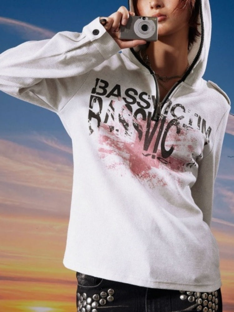 Bassvictim Waffle Lace Distressed Band Flag Print Long-Sleeve Hoodie【s0000017959】
