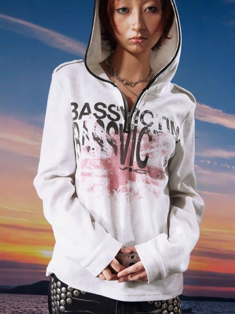 Bassvictim Waffle Lace Distressed Band Flag Print Long-Sleeve Hoodie【s0000017959】