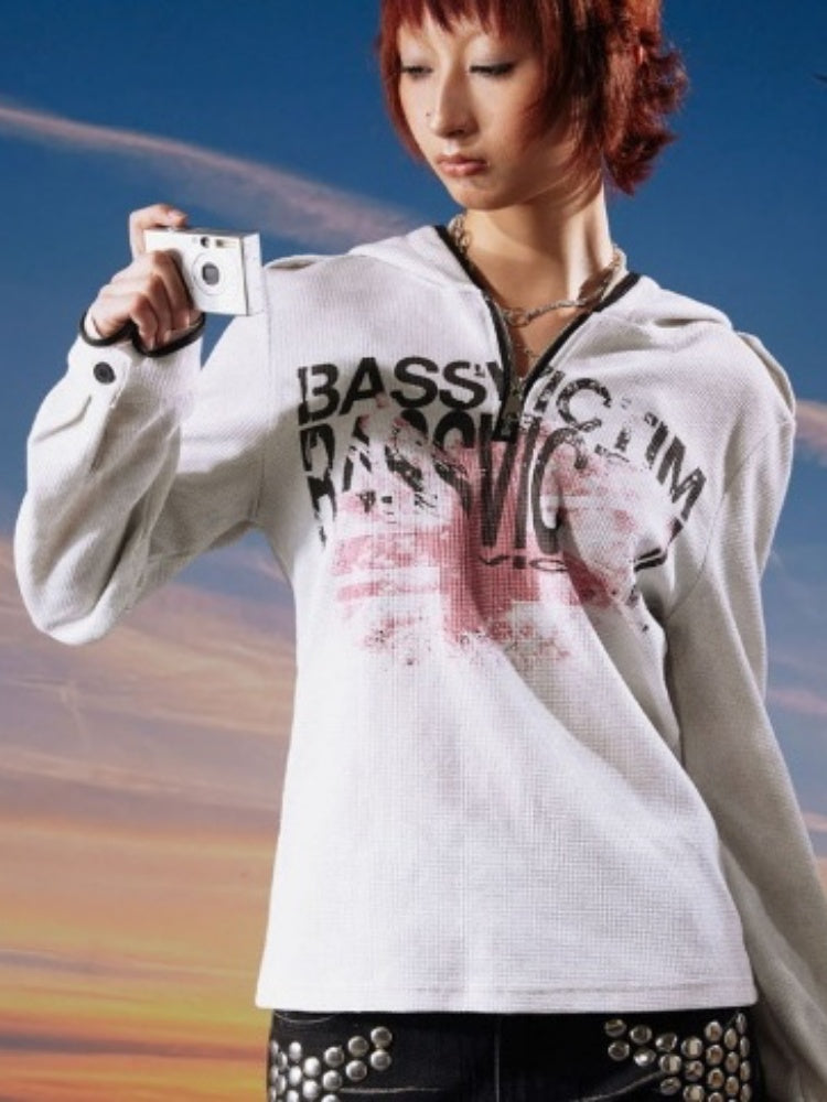 Bassvictim Waffle Lace Distressed Band Flag Print Long-Sleeve Hoodie【s0000017959】