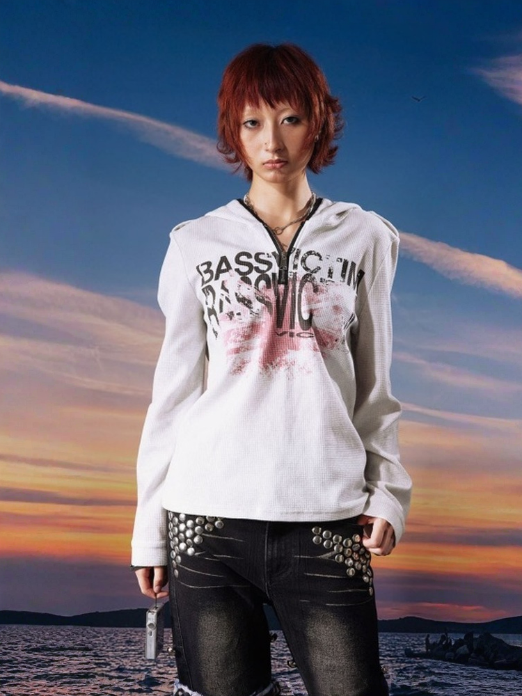Bassvictim Waffle Lace Distressed Band Flag Print Long-Sleeve Hoodie【s0000017959】