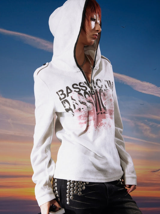 Bassvictim Waffle Lace Distressed Band Flag Print Long-Sleeve Hoodie【s0000017959】