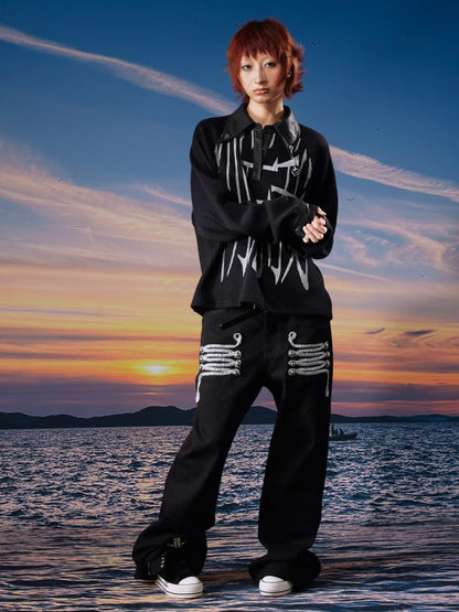 Centipede Webbing Palace Vintage Original Cowhide Lace Button Straight-Leg Pants【s0000017960】