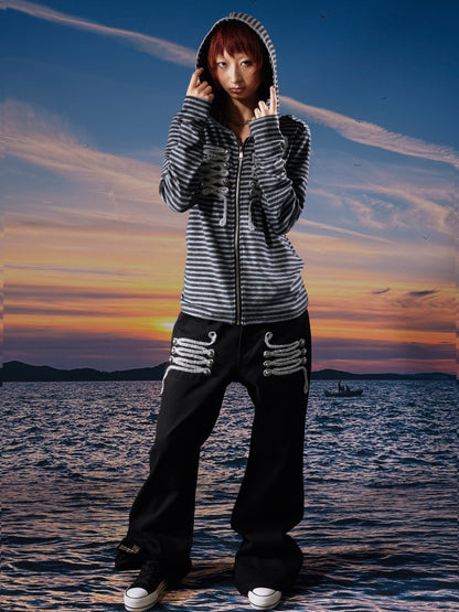Centipede Webbing Palace Vintage Original Cowhide Lace Button Straight-Leg Pants【s0000017960】