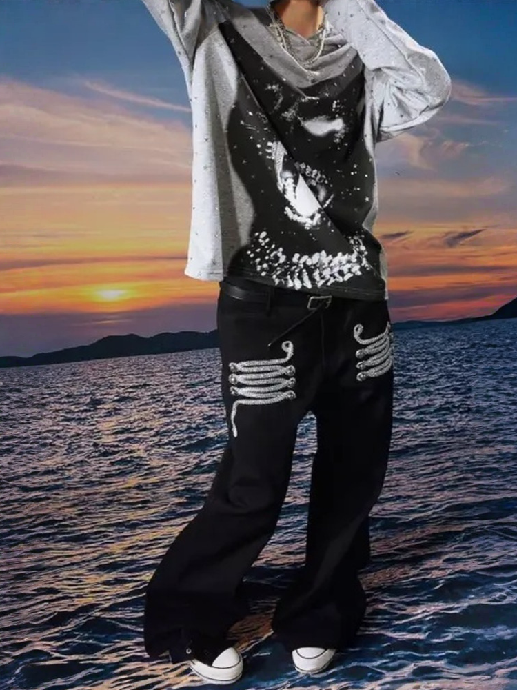 Centipede Webbing Palace Vintage Original Cowhide Lace Button Straight-Leg Pants【s0000017960】