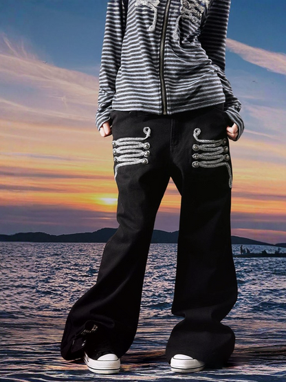 Centipede Webbing Palace Vintage Original Cowhide Lace Button Straight-Leg Pants【s0000017960】